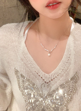 气质闪锆波浪珠珠气质设计感吊坠锁骨链轻奢小众项链毛衣链配饰品