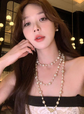 奢华千金风闪锆四叶草珍珠多层项链女高级感长款毛衣链配饰锁骨链