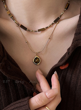 秋冬美拉德串珠虎眼石吊坠项链复古气质轻奢高级感配饰