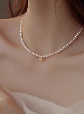 日韩法式极细珍珠爱心吊坠项链