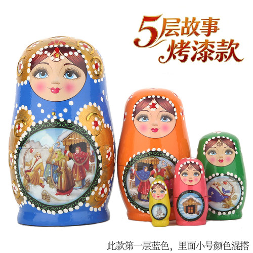 俄罗斯套娃 5层烤漆故事套娃套娃原木儿童玩具一套蒙台梭利教具 - 图3