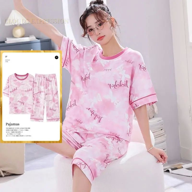 Summer 2 Pieces Sets Cartoon Capris Nightwear Womens Pajama - 图1