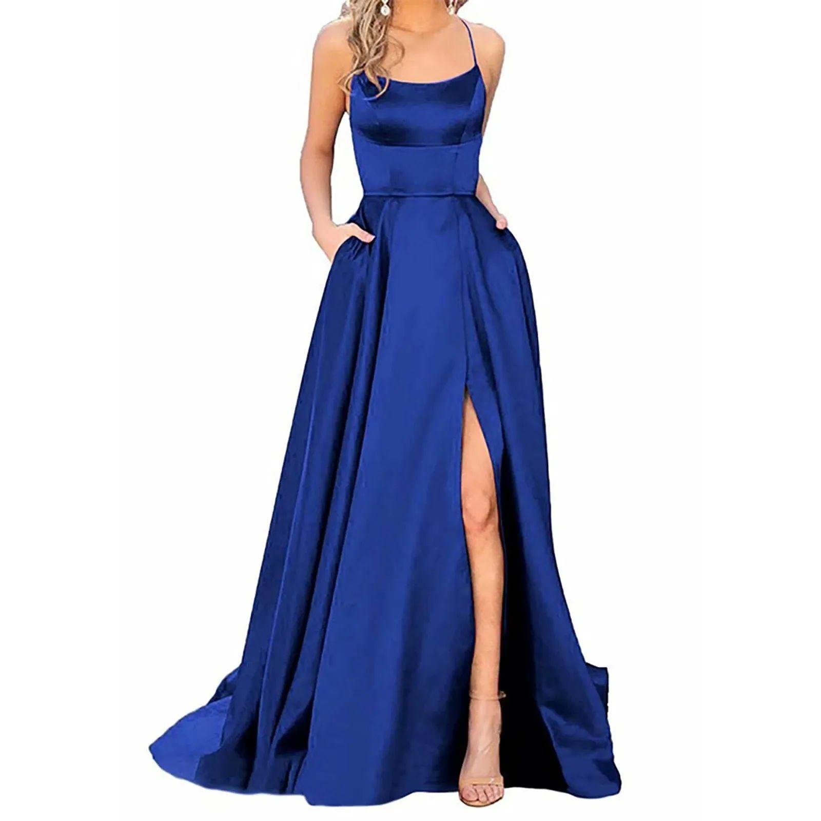 Women Backless Long Dress Satin Side Slit Wedding Evening Pa - 图1