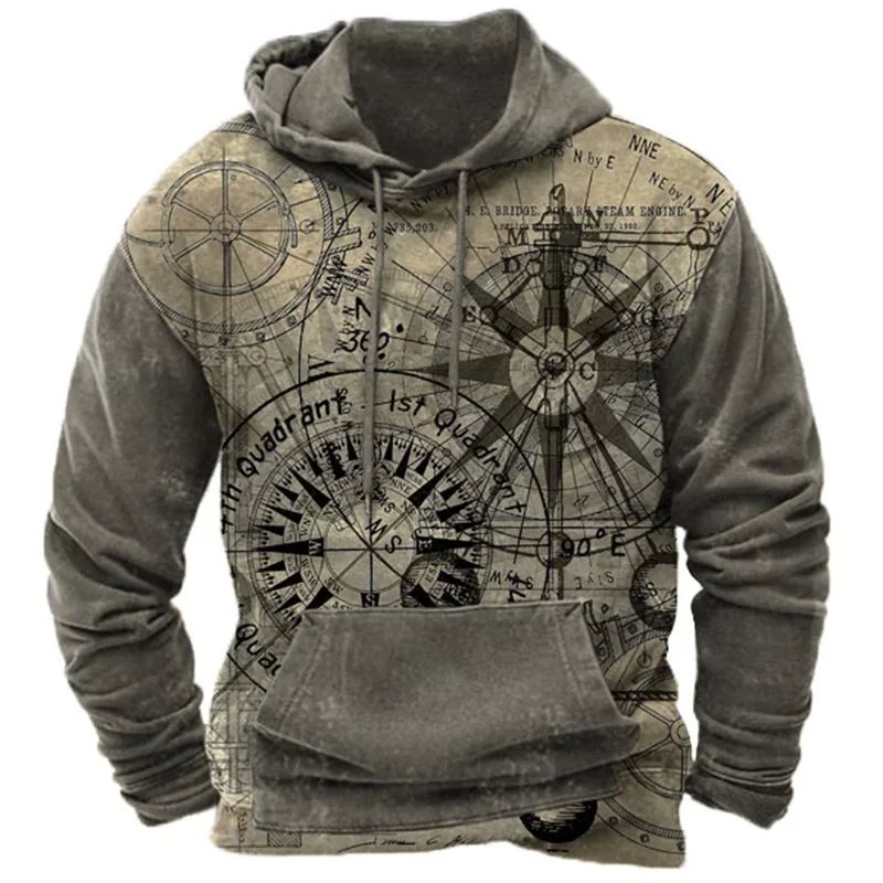 Vintage Men's Hooded Sweatshirts Compass Print Harajuku Hood - 图2