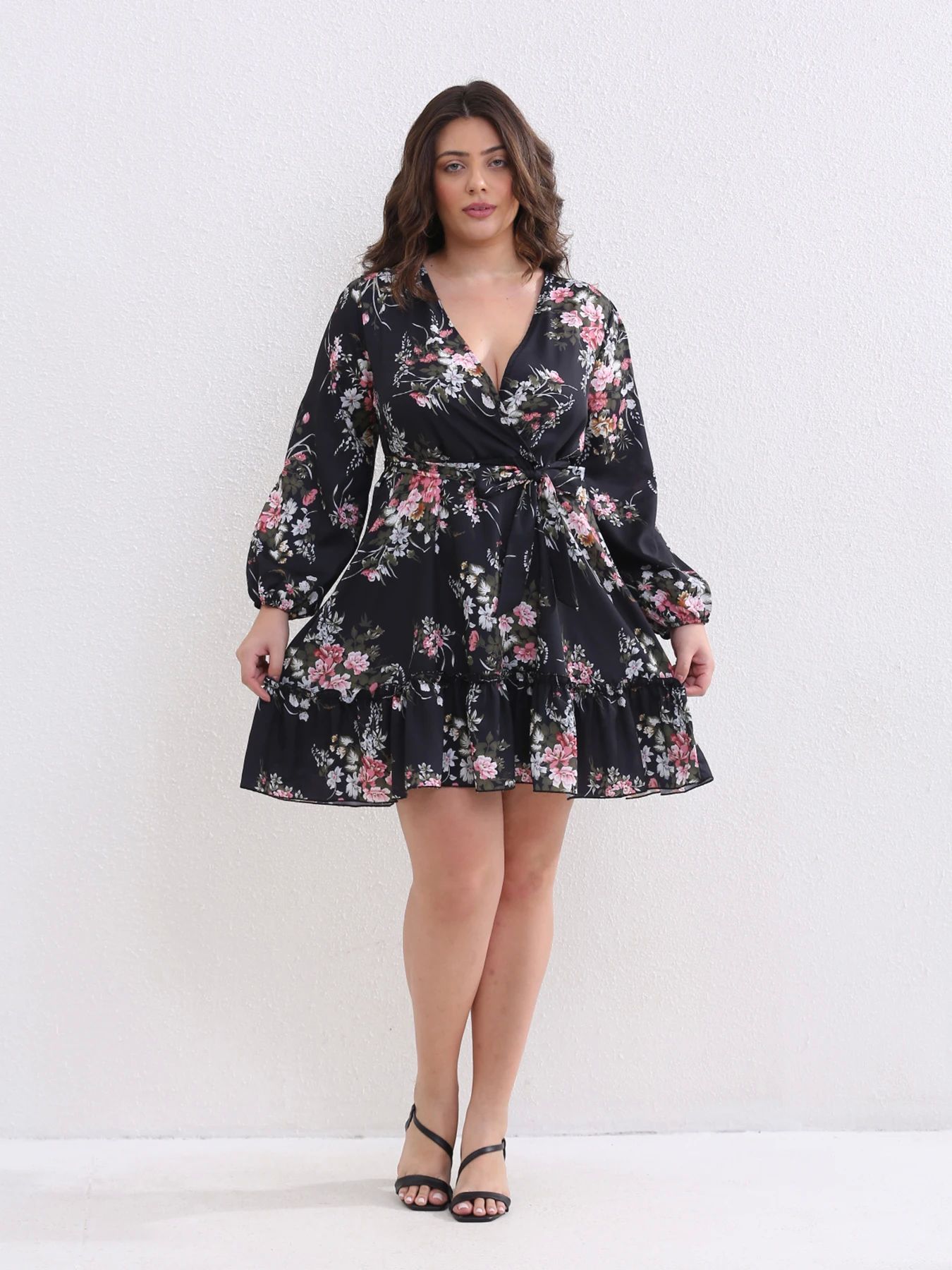 Plus Size Women Flower Print Chiffon Sexy V Neck  Out Long S - 图0