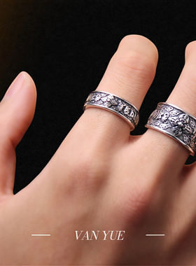 S925银六字真言金刚杵戒指男女泰银复古做旧个性情侣开口指环礼物