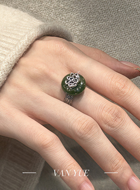 S925银和田碧玉莲花戒指女高级感复古民族风食指戒好运莲莲送妈妈