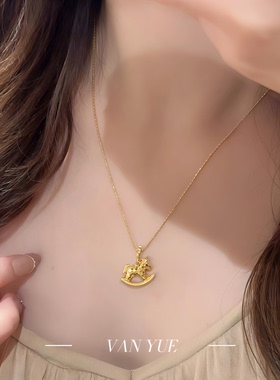 S925纯银马上有钱碎冰冰摇摇马吊坠项链女中古风复古锁骨链礼物