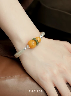 S925银蜜蜡碧玉弯管金珀龟甲圆珠手链多样性发 约14.5+5CM
