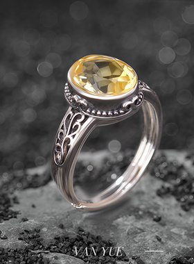 S925纯银紫水晶黄水晶复古做旧花纹镂空蛋面戒指切面银指环