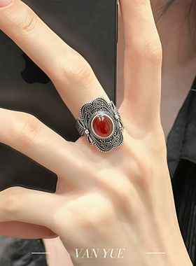 S925银蛋形玛瑙做旧开口戒指新中式设计小众风格复古百搭