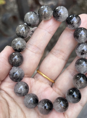 天然黑银钛晶手链女单圈黑发晶水晶手串饰品diy珠子