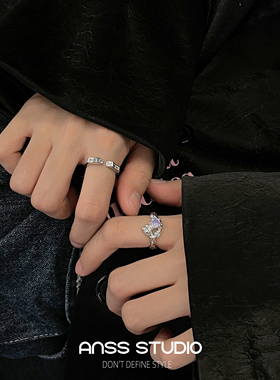 设计感肌理微镶锆石开口戒指女