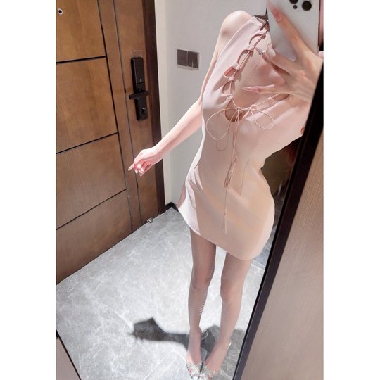 TF* Sexy urban design cutout small leather rope pink dress