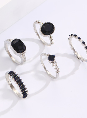 复古黑色超闪水钻开口戒指2025年新款潮小众设计食指戒时尚个性女