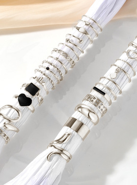 复古黑色麻花戒指女银色指环套装