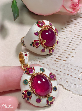 进口24K鎏金白色珐琅红宝石戒指 11颗粒小红宝围镶