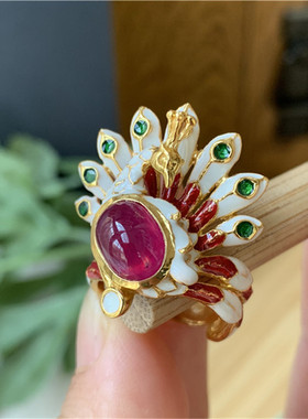 进口珐琅彩纯银鎏24K金红宝石戒指 孔雀开屏红宝石戒指 蓝色