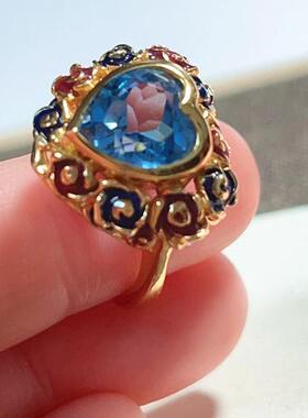 进口珐琅彩鎏24K金天然托帕石戒指14号戒圈 爱心型景泰蓝色