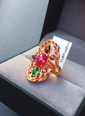 8月新货！进口珐琅彩彩色宝石戒指 925纯银鎏金红宝石戒指 马鞍戒