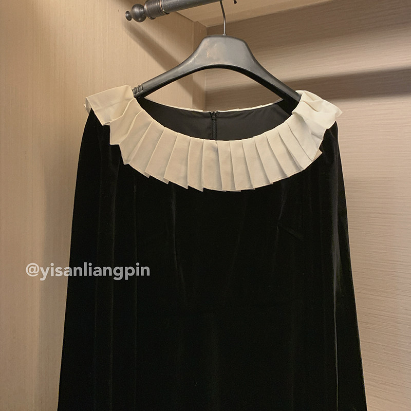 一三良品小个子 法式优雅拼色压褶翻领长袖丝绒连衣裙年会礼服裙