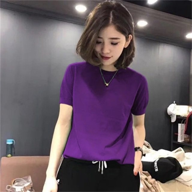 Ice Silk Knitwear Summer 2024 Half Height Round Neck Thin Short Sleeve T-shirt Women's Art Retro Loose Bottom