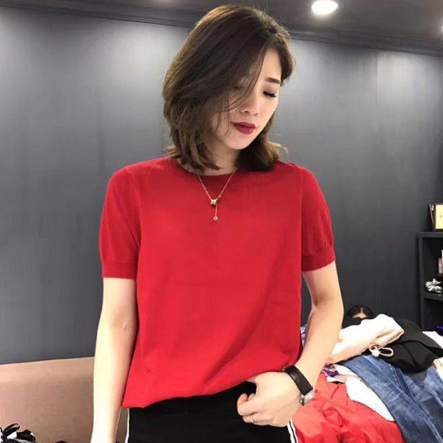 Knitted thin base shirt European goods 2024 summer ice silk half height round neck T-shirt short sleeved women's outerwear top trend