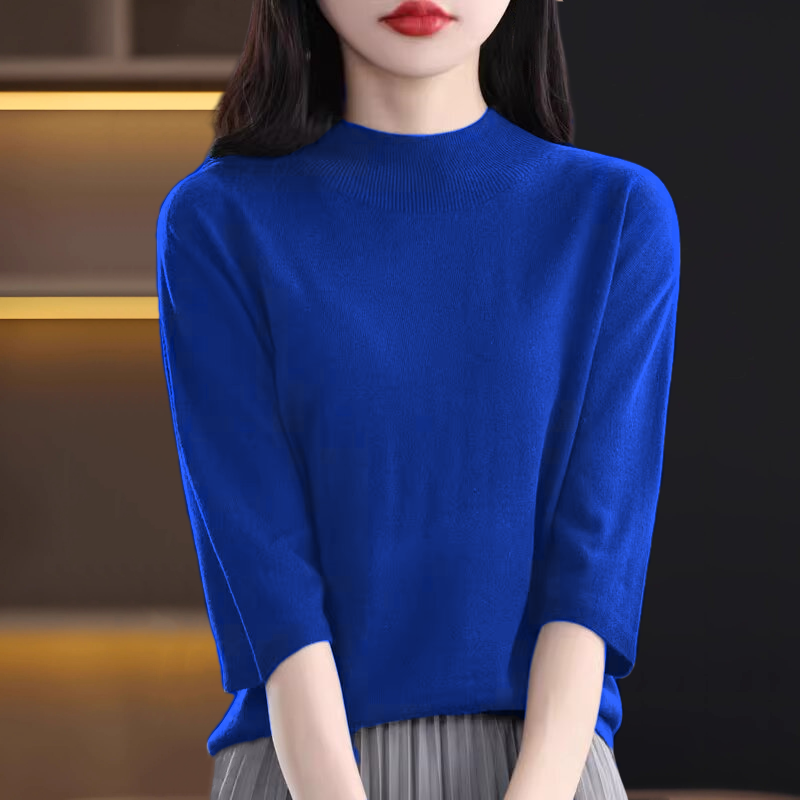 大码女春秋新款七分袖针织打底衫女半高领毛衣修身内搭半袖上衣 - 图0