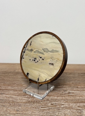 荷塘 广西国画石摆件 天然石头镶嵌原木 壶承杯垫 小屏风书桌摆件