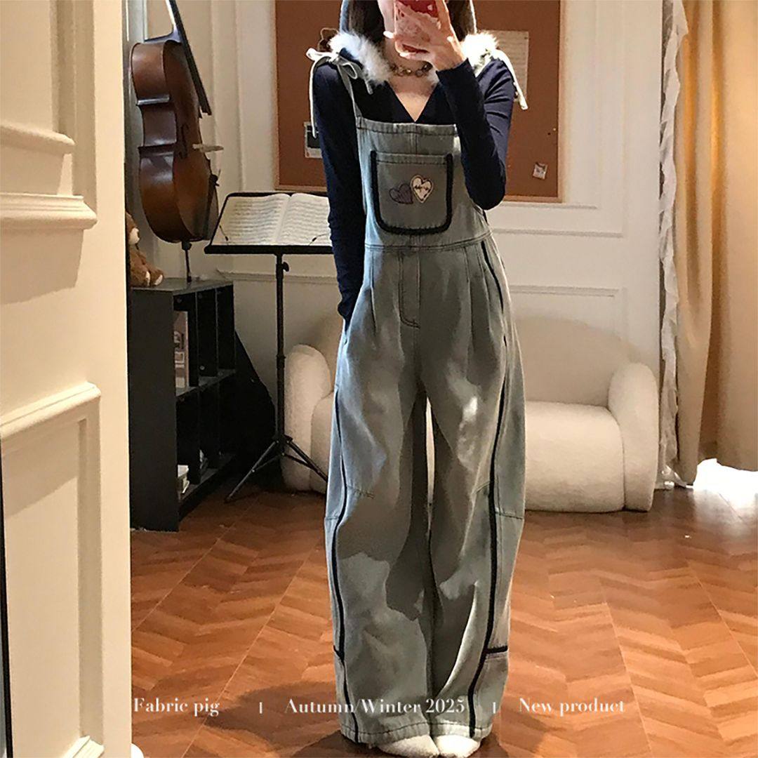 织物猪 软萌熊崽 韩系甜酷风口袋连体背带裤女秋冬牛仔长裤子,淘宝优惠券,粉丝福利购,淘宝优惠卷