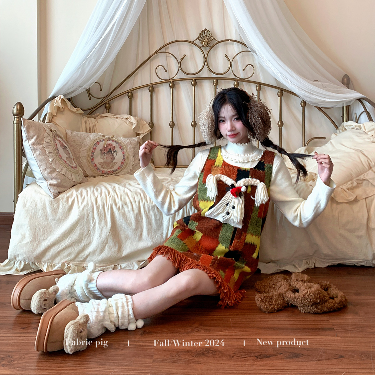 织物猪 油画小狗 复古减龄毛呢背心连衣裙女秋冬叠穿小个子可爱裙,淘宝优惠券,粉丝福利购,淘宝优惠卷