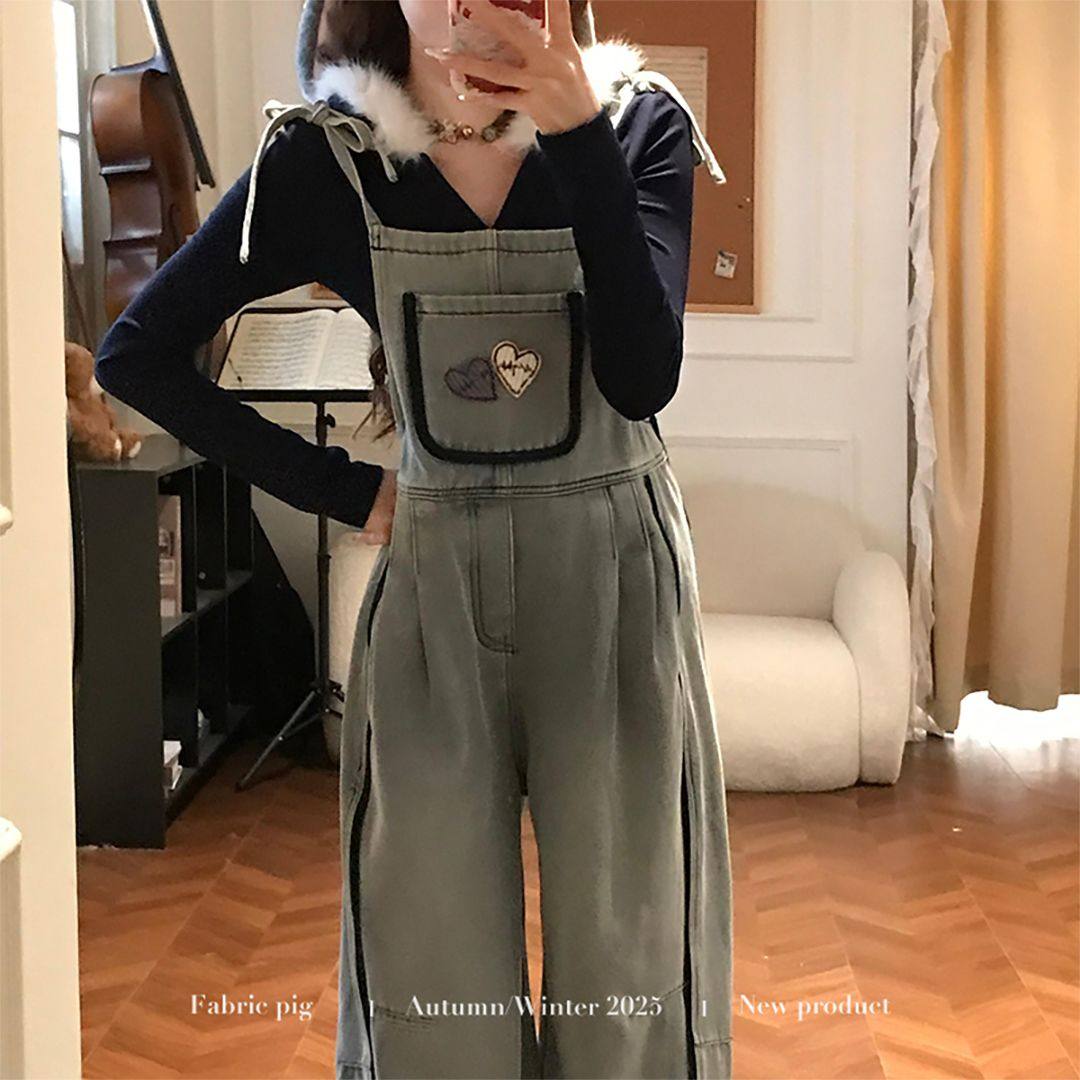 织物猪 软萌熊崽 韩系甜酷风口袋连体背带裤女秋冬牛仔长裤子,淘宝优惠券,粉丝福利购,淘宝优惠卷