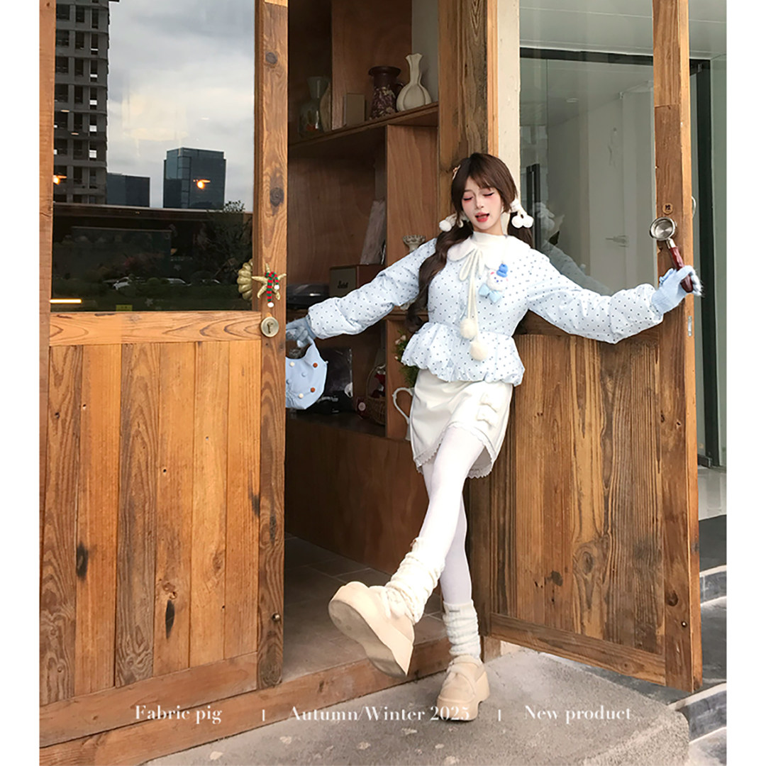 织物猪 奶泡甜心 奶蓝色波点棉服外套女小个子短款超好看甜美棉衣,淘宝优惠券,粉丝福利购,淘宝优惠卷