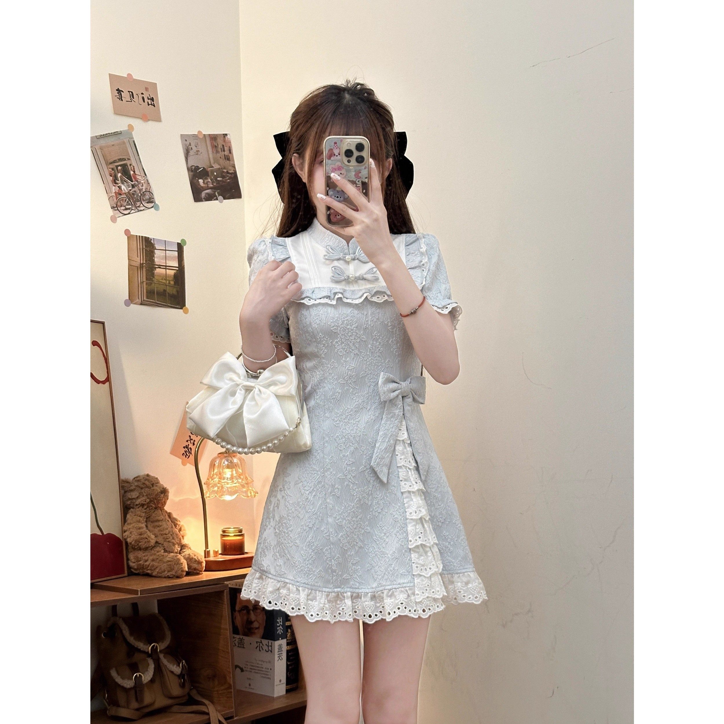 织物猪 蓝调甜茶 少女新中式连衣裙女夏季国风气质蓝色收腰短裙子,淘宝优惠券,粉丝福利购,淘宝优惠卷