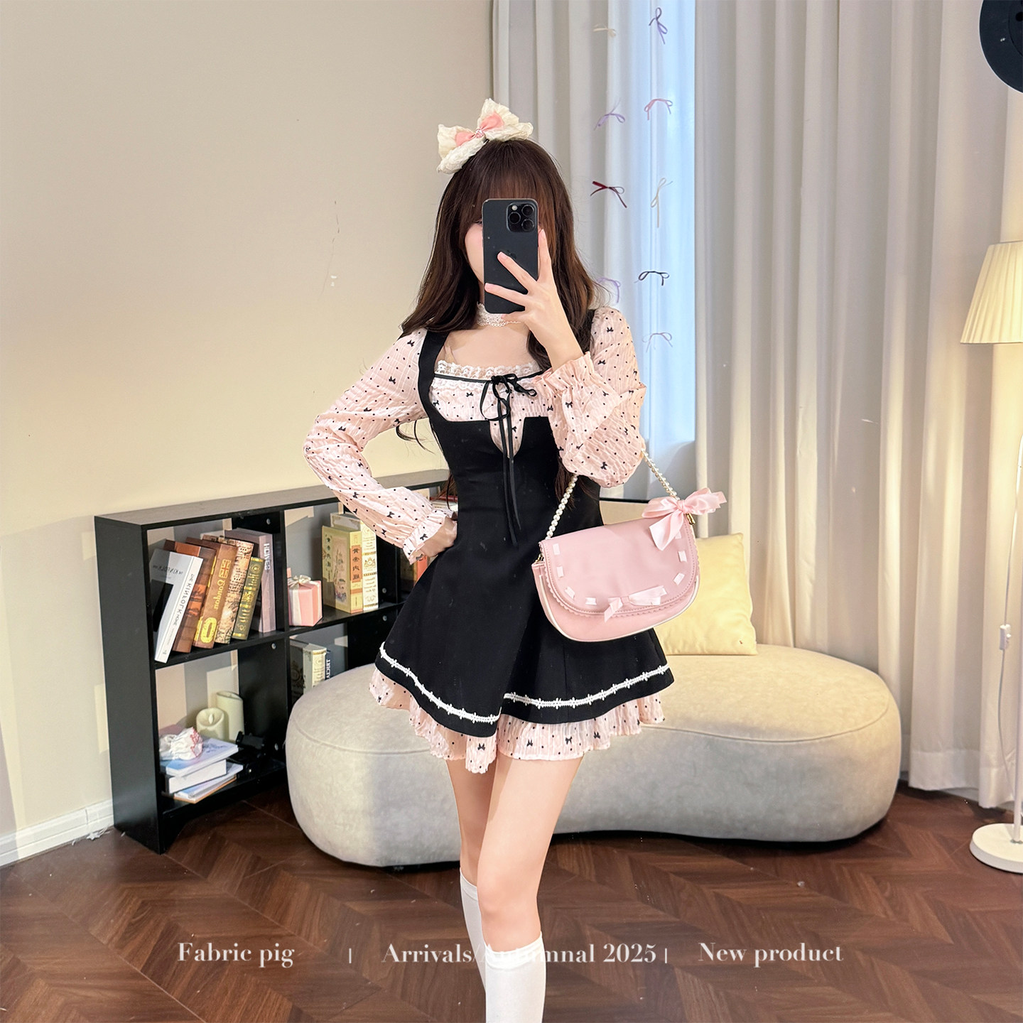 织物猪 甜莓公主 甜美风假两件拼接连衣裙女秋蝴蝶结印花波点短裙