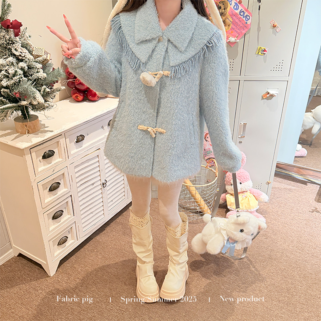 织物猪 冬日绵绵冰 甜美风蓝色毛外套女冬季设计感加绒翻领短大衣,淘宝优惠券,粉丝福利购,淘宝优惠卷