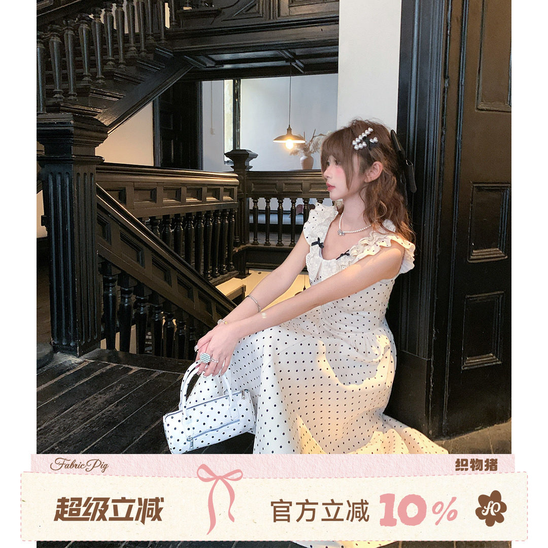 织物猪 白栀奶昔 法式千金风miu系白色波点连衣裙女夏收腰长裙