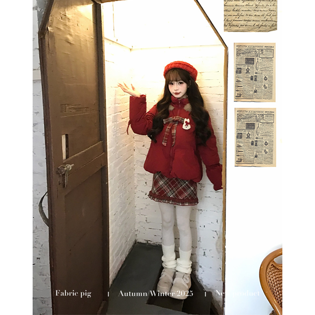 织物猪 黄油软糖 甜美风红色短款棉服外套女冬季可爱连帽新年棉袄,淘宝优惠券,粉丝福利购,淘宝优惠卷