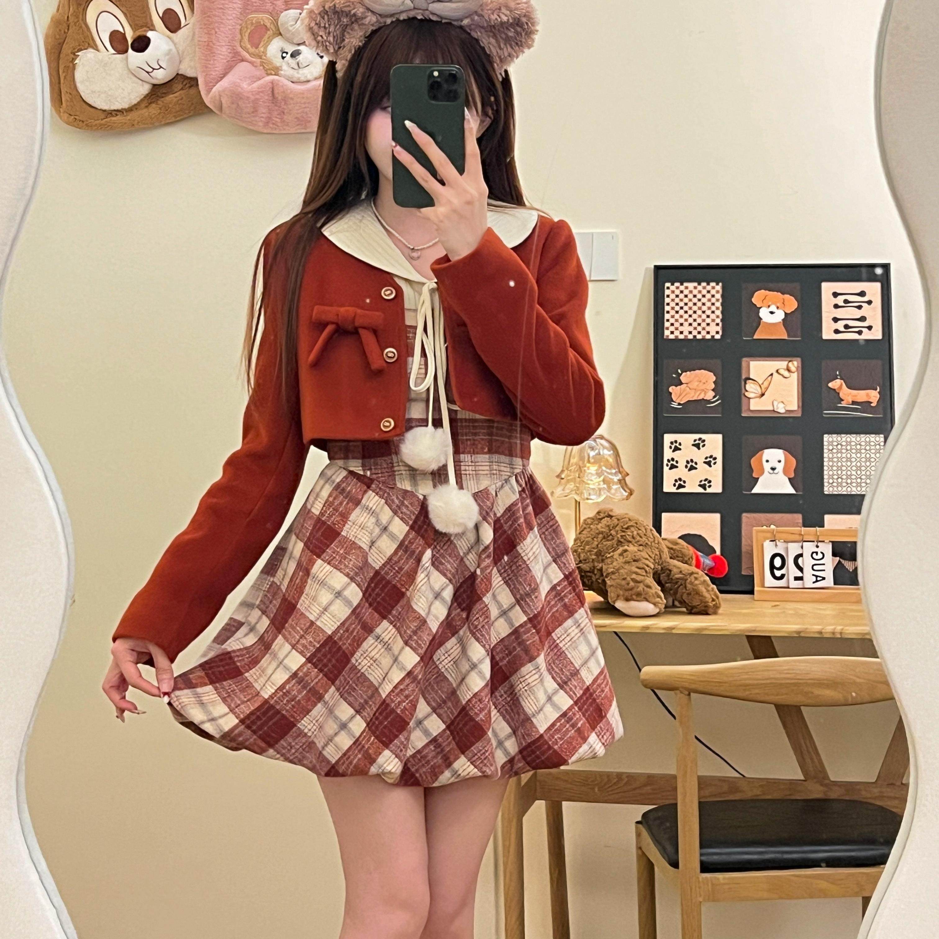 织物猪 摩卡小熊 棕色假两件格纹连衣裙女秋冬少女学院风花苞短裙,淘宝优惠券,粉丝福利购,淘宝优惠卷