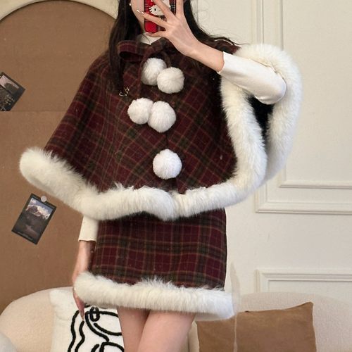 织物猪 松林见雾 冬季小香风斗篷套装女小个子格纹上衣短裙两件套 - 图3