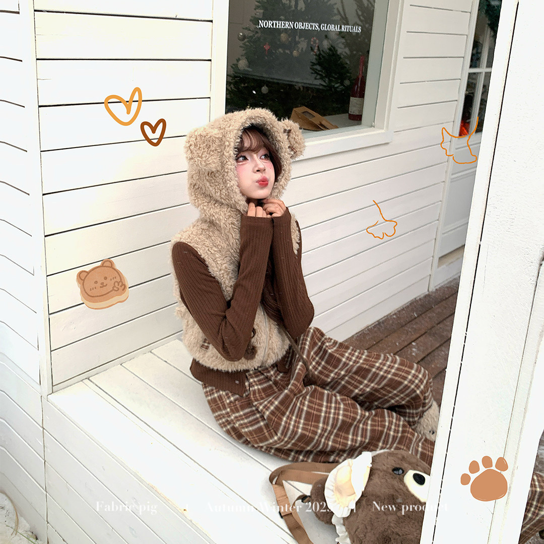 织物猪 栗子小熊 复古学院风假两件连帽卫衣女秋冬长袖短外套套装,淘宝优惠券,粉丝福利购,淘宝优惠卷