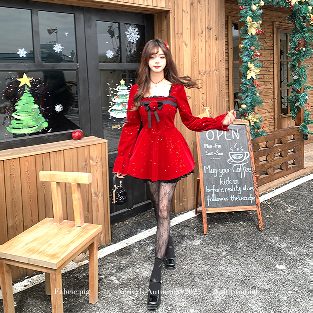 织物猪 玫瑰果酱 复古纯欲黑色丝绒连衣裙女秋冬碎闪气质蕾丝短裙,淘宝优惠券,粉丝福利购,淘宝优惠卷