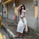 Fabric Pig Retro Wilderness Wasteland Hot Girl Style Brown-shoulder Floater Top Women's Puff Skirt Suit