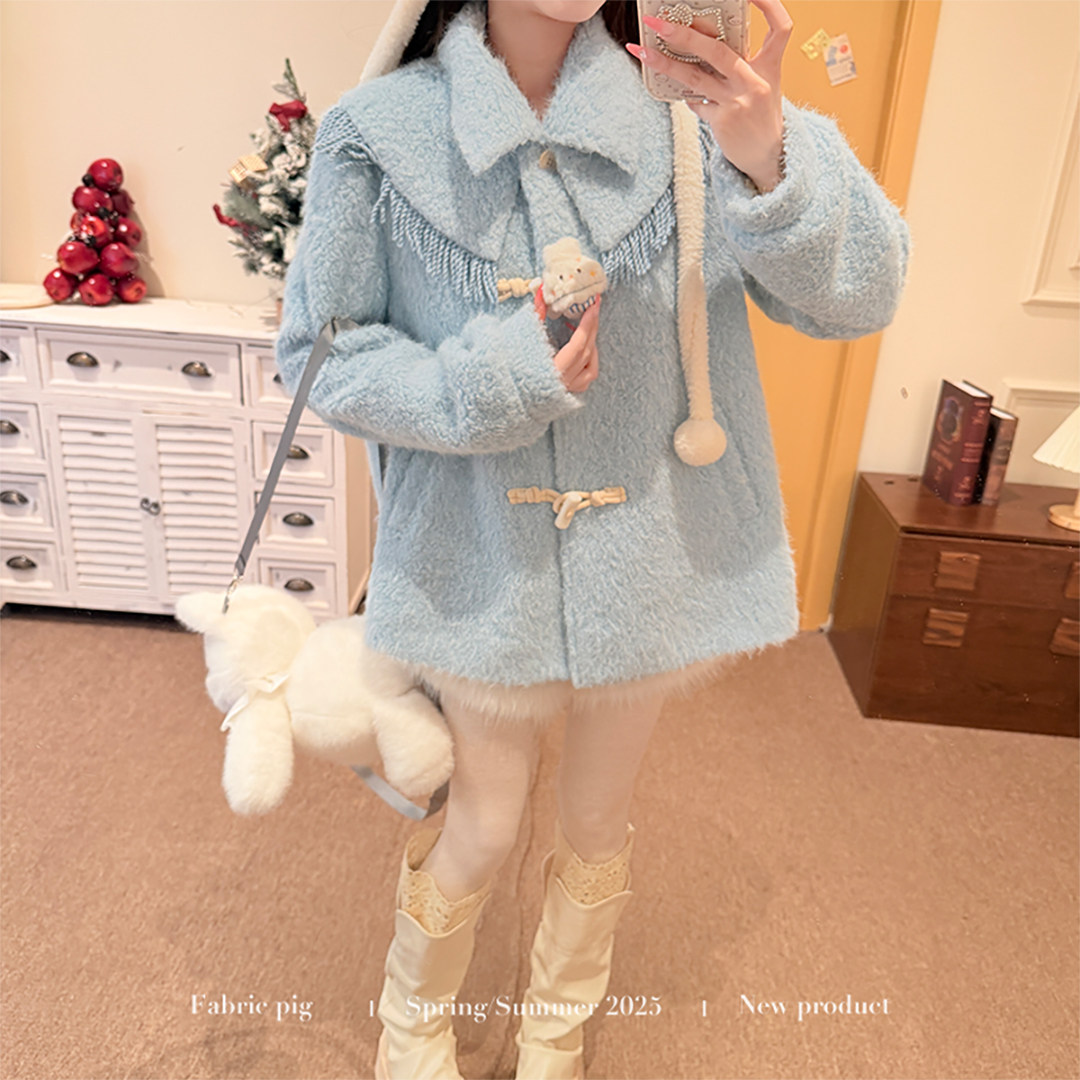 织物猪 冬日绵绵冰 甜美风蓝色毛外套女冬季设计感加绒翻领短大衣,淘宝优惠券,粉丝福利购,淘宝优惠卷