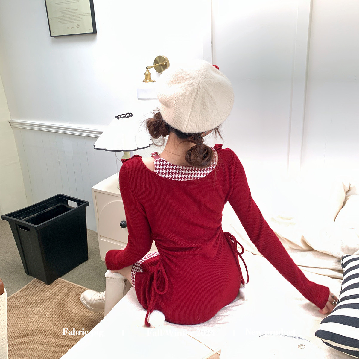 织物猪 圣诞初雪 甜欲风红色连衣裙女冬季新年穿搭露肩针织短裙子,淘宝优惠券,粉丝福利购,淘宝优惠卷