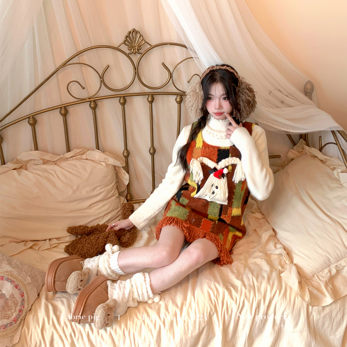 织物猪 油画小狗 复古减龄毛呢背心连衣裙女秋冬叠穿小个子可爱裙,淘宝优惠券,粉丝福利购,淘宝优惠卷