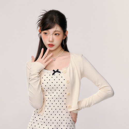 织物猪 波波奶茶 波点吊带连衣裙套装女夏季独特绝美漂亮短裙子 - 图1