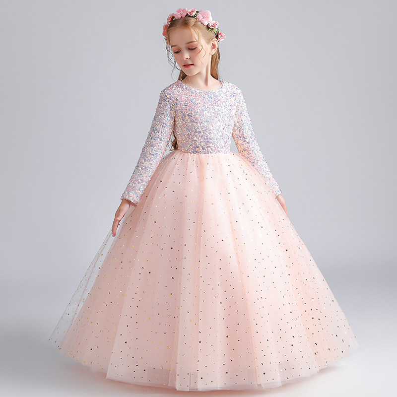儿童礼服长袖秋冬女童公主裙生日小主持人钢琴演出服花童婚纱亮片,淘宝优惠券,粉丝福利购,淘宝优惠卷