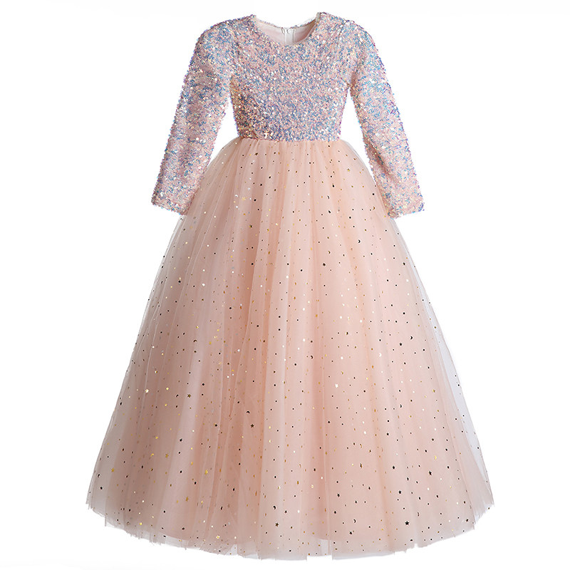 儿童礼服长袖秋冬女童公主裙生日小主持人钢琴演出服花童婚纱亮片,淘宝优惠券,粉丝福利购,淘宝优惠卷