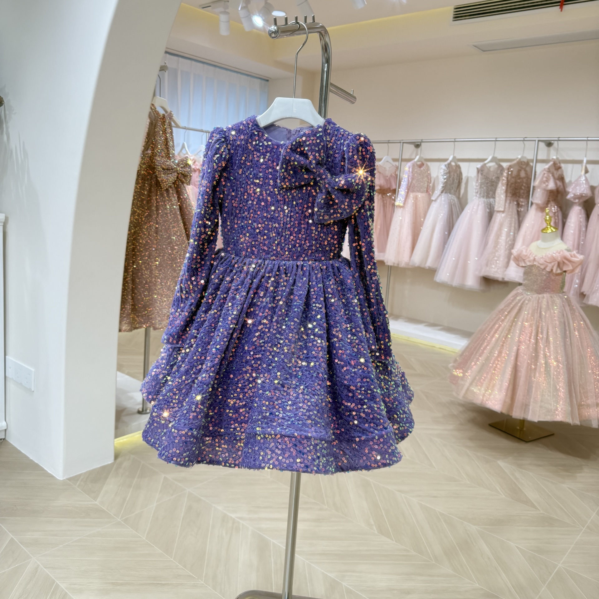 儿童礼服短款长袖秋冬亮片小主持人女童生日公主裙钢琴演出服圣诞 - 图1